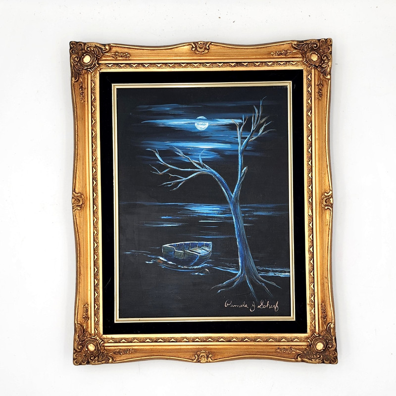 Pamela J Scharf Signed Original Painting Moonlit Landscape Tree 21×25 Framed