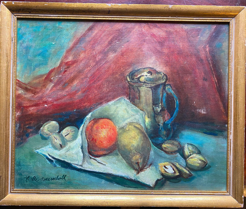 ::OIL PAINTING SIGN. MAINSCHALL STILL LIFE FRUIT WITH PITCHER PEAR APPLE NUTS