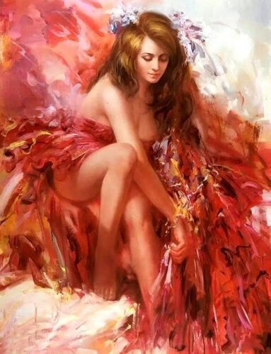 MQ360 Stretched Canvas Frame / Unframed Handmade Red Dress Lady Oil Painting