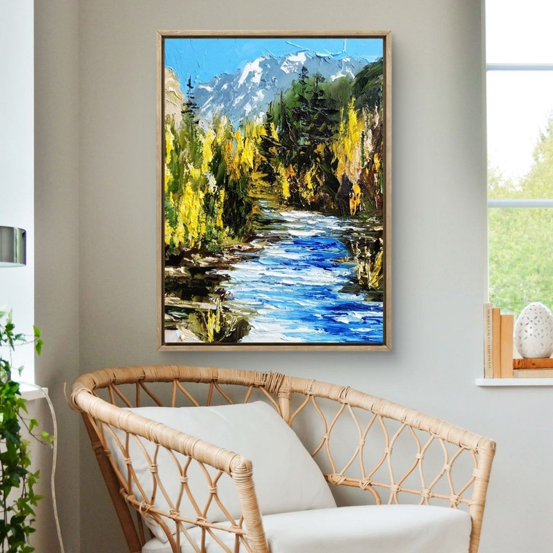 Mountain Stream with Pine Trees Original Oil Painting Nature Landscape Art gallery