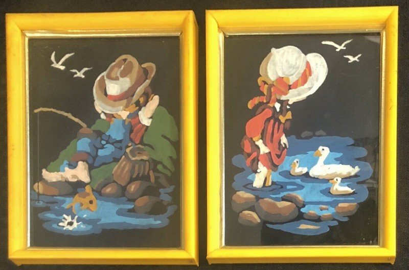 Set Of 2 Paint by Numbers Paintings Boy Fishing & Girl With Geese Vintage Framed