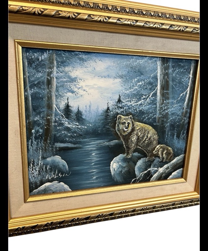 Wildlife Bear Snowy Forest Textured Oil Painting Signed Wilson Mexico 13×15