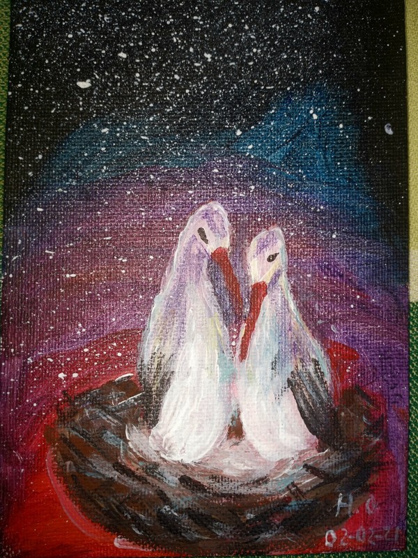 Original Birds Family Love Small Canvas Acrylic Painting 4″×6″