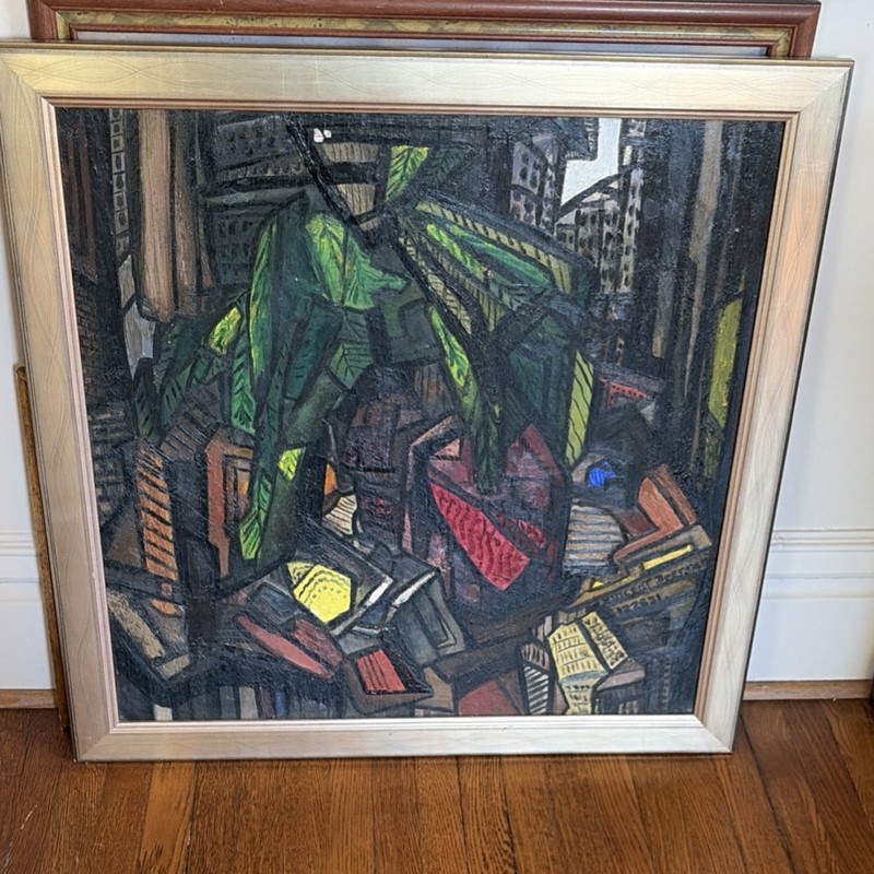 Vincent Drennen Cubist Cityscape Books Plants Framed Oil Painting Canvas Art