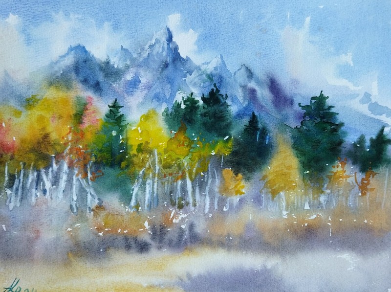 Mountain landscape Artwork Fall Forest Wyoming Original watercolor painting