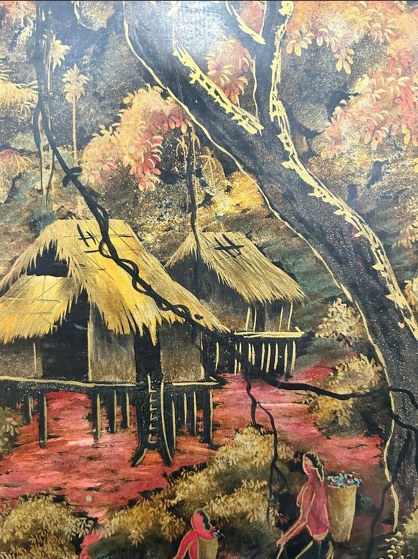 Le Thanh Vietnamese Lacquer Panel Painting Village Vietnam Signed 16 1/4” by 24” gallery