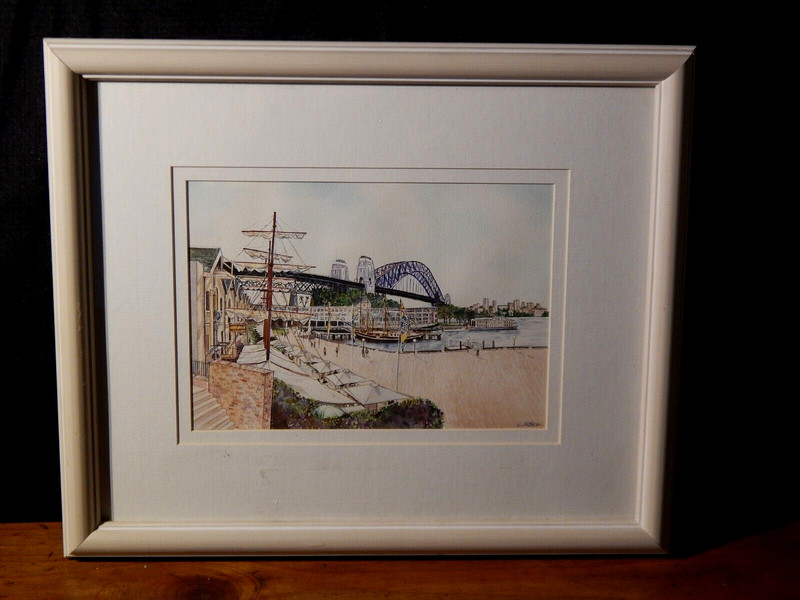 Steel Suspension Bridge / City Waterfront, Original Watercolor, by C. Paterson