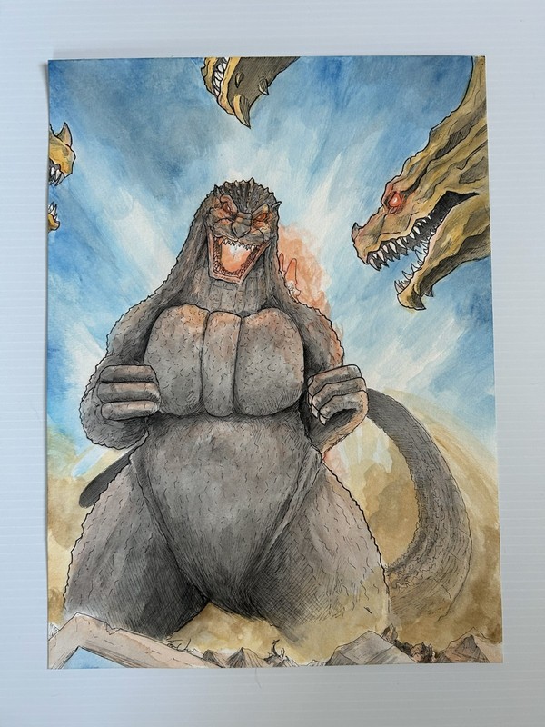 Godzilla vs King Ghidorah (Keizer Ghidorah) Original Watercolor Art from Artist