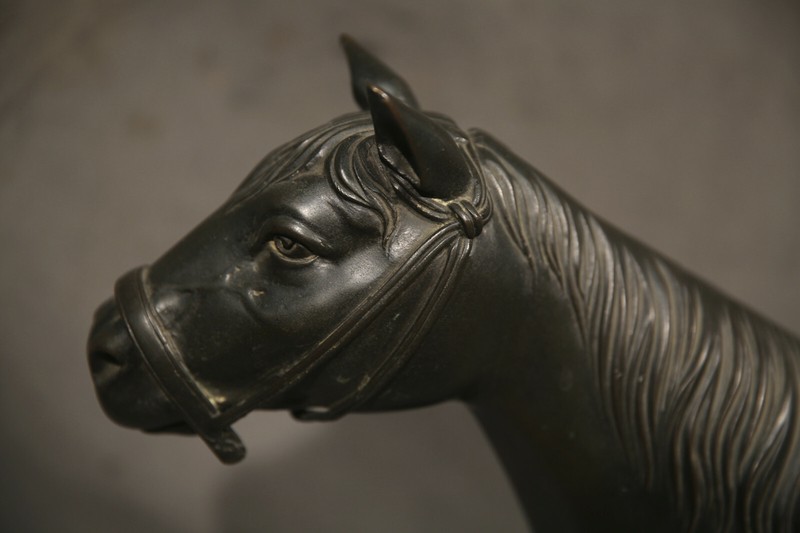 18th Century Chinese Animal Bronze Horse with Saddle Dark Brown & Green Patina gallery