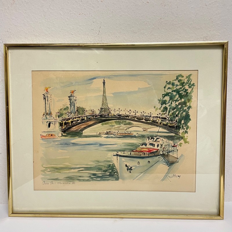 Theodore Guillery Vintage French Signed Watercolor Paris Pont Alexandre III
