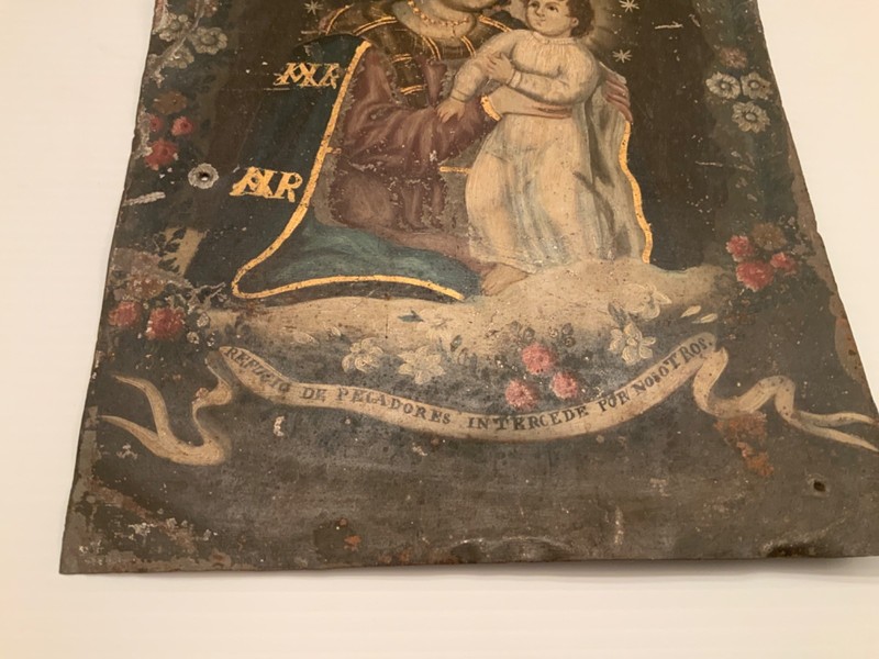 19th C. Antique Colonial Oil Painting Virgin Mary Refugio Christ Retablo Mexican gallery