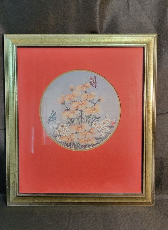Vtg Asian Chinese Butterfly Floral Spring Flowers Watercolor on Silk Framed Mat