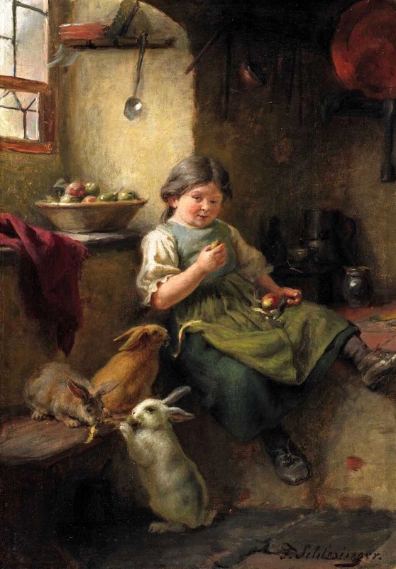 Nice art Oil painting Felix Schlesinger little girl child with pet rabbit 36″