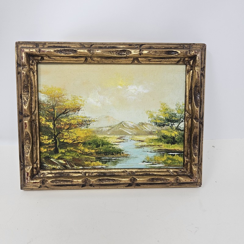 Small Oil Painting Landscape Mountain River Ornate Frame