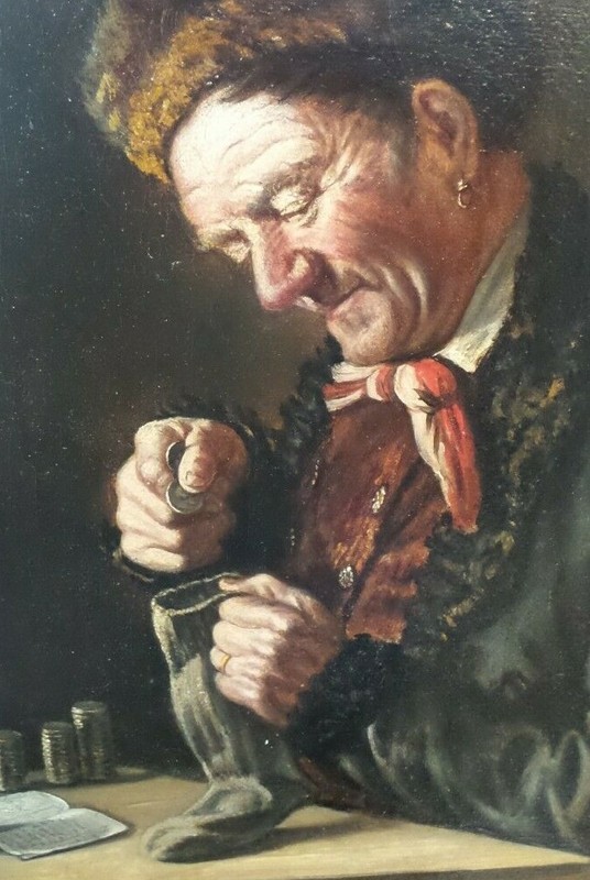 Antique 1886 German MAX KAUFMANN Oil on Canvas Painting Money Counting Merchant gallery