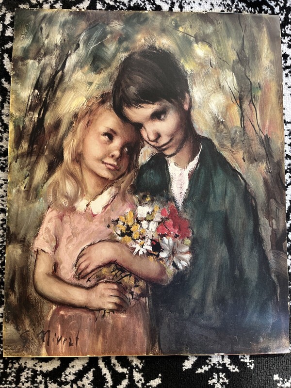 Georgette Nivert Vintage 16”x20” Print Boy And Girl With Bouquet Signed No Frame