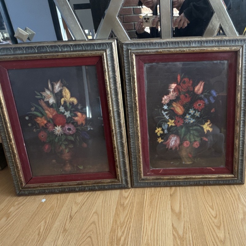Pair Framed Still Life Paintings Floral Botanical Medium Art Set