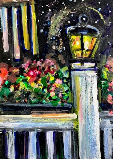 ACEO Original PAINTING Summer WINDCHIMES Flowers Solar Light Night Fence ATC ART