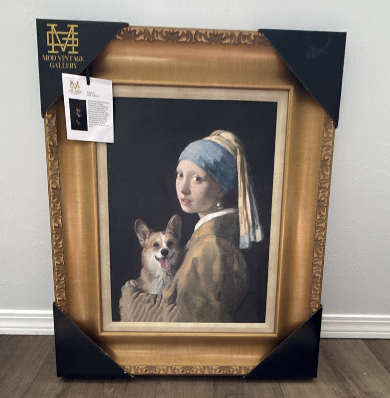 Johannes Vermeer Girl with a Corgi 1665 Hand Painted Framed Canvas Mod Vintage