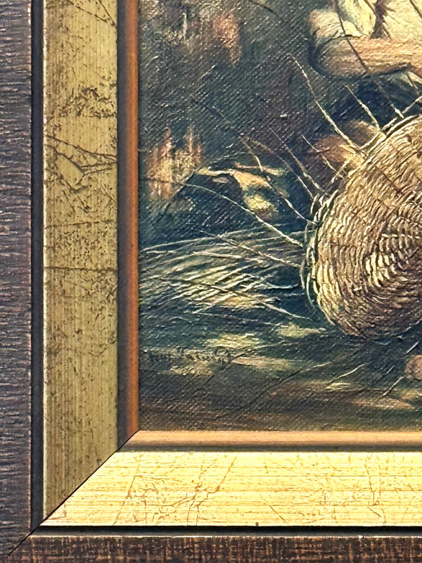 VTG MCM Original Textured O/B "Man And A Boy Weaving A Basket", Signed & Framed! gallery