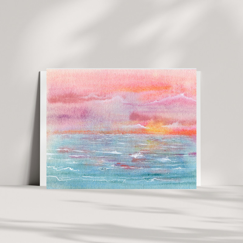 ORIGINAL PAINTING OOAK Bright Sunset Over Ocean Waves Seascape 8×10 inches
