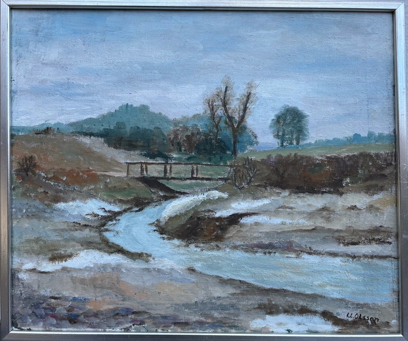 Natural Painting Landscape with River and Wooden Bridge Sweden Scandinavia 58×49