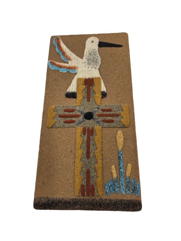 Sand Art Painting Holy Cross Spirits Dove Bird Signed Blue White 4X8