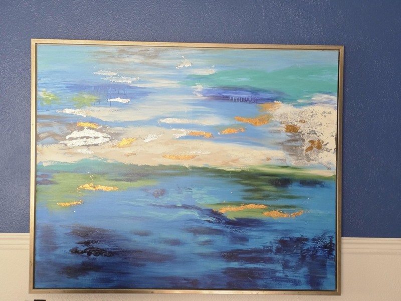 Abstract Coastal Seascape Painting on Canvas Framed Gold Leaf Modern Art Large
