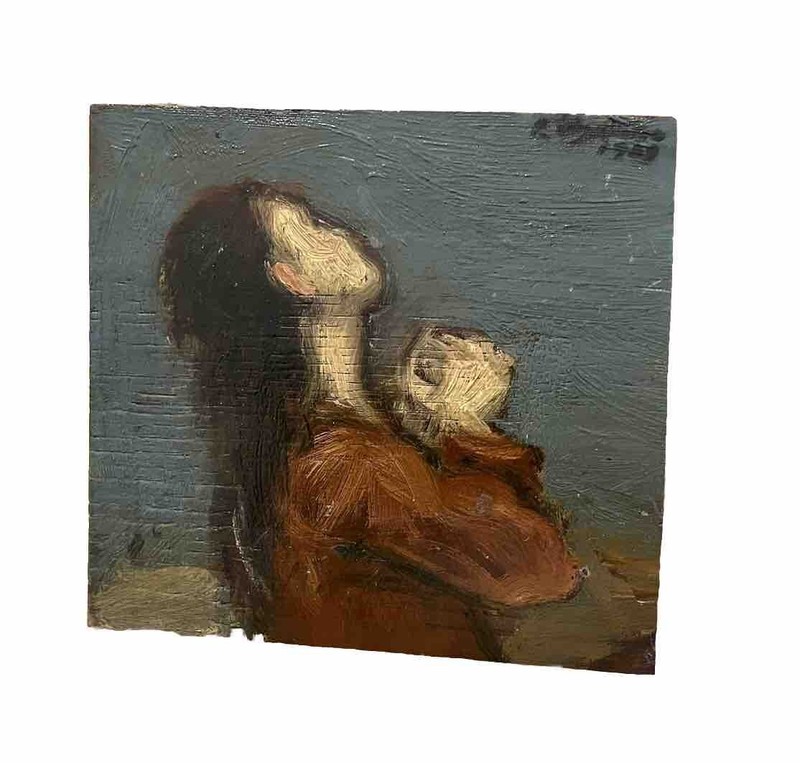 1959 Signed Small Oil Painting Wood Female Praying Expressionismus gallery