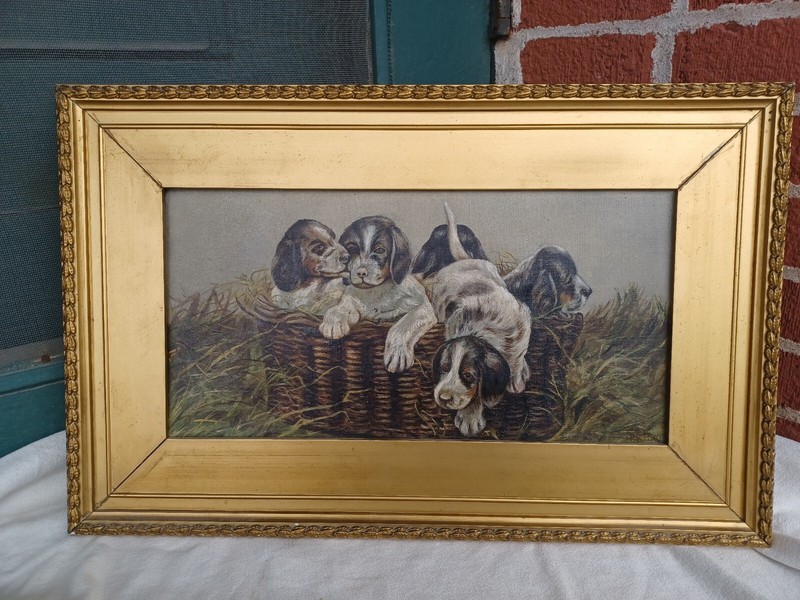 ANTIQUE ARTIST SIGNED VICTORIAN 19thC DOGS BASKET 1/2 YARDLONG OIL PAINTING