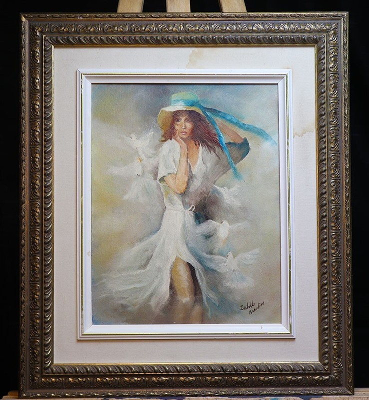 ⭐Elegant Woman in White Dress with Pigeons – 57cm x 48cm