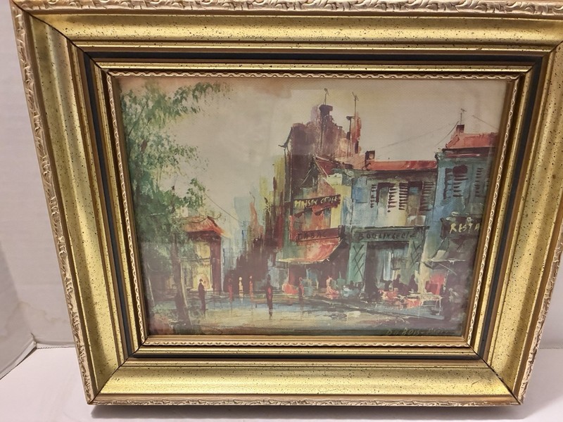 Vintage Painting of a Paris Street SIGNED DUBOIS in Gold Wood Frame 11 1/2 X 13”