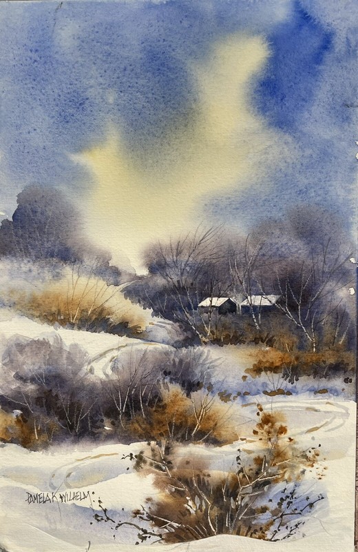 6X9 Original Pamela Wilhelm Ink & Watercolor Winter Blue Sky Road Landscape