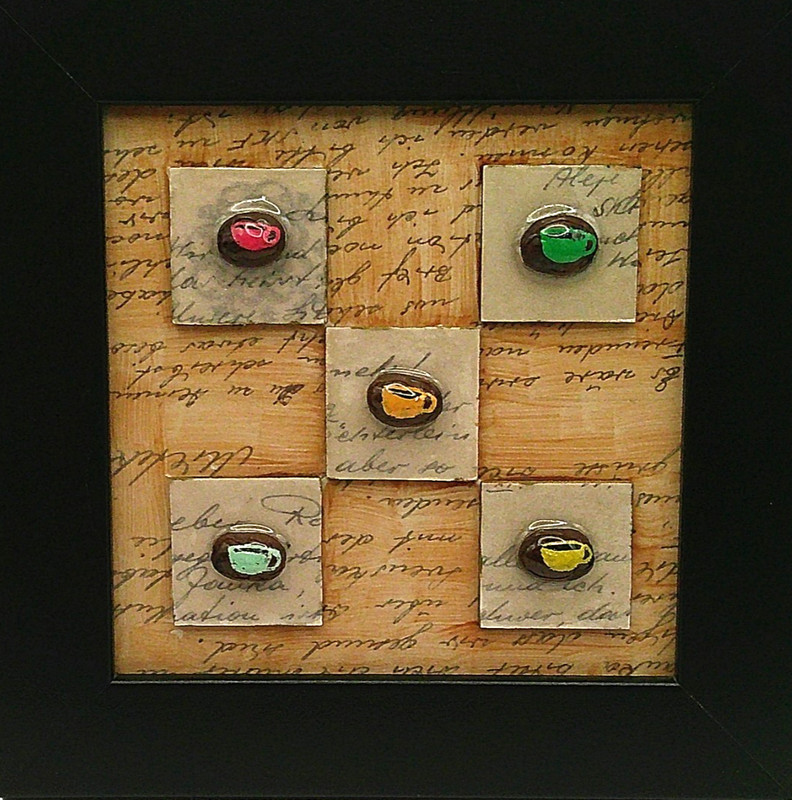Framed Coffee Cups Painted on Coffee Beans Original Naive Folk Outsider Art 4×4