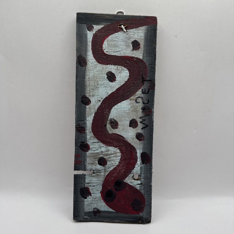 Original Mose Tolliver T Maroon Snake Folk Art Soda Can Tab Hanger 11″ x 4″