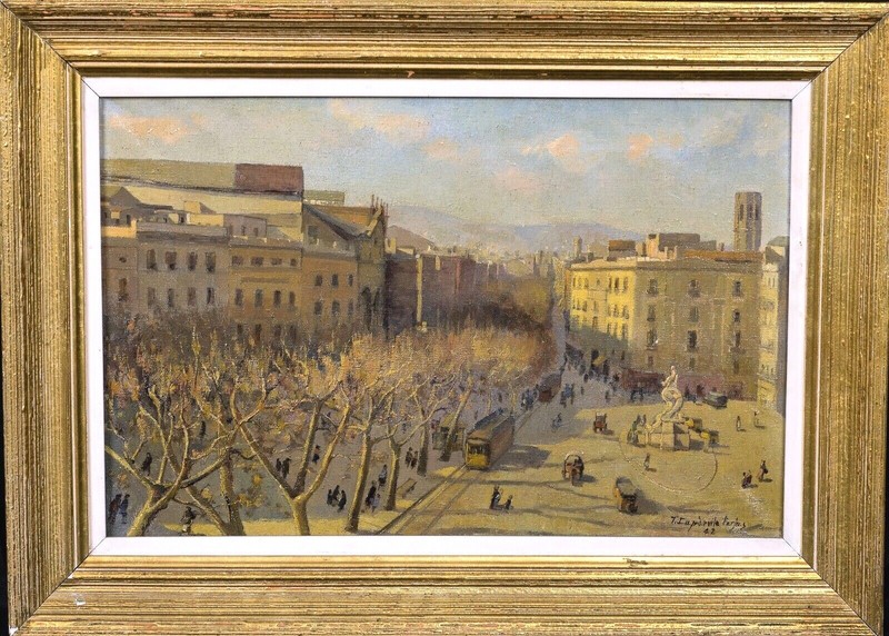 Spanish Impressionist Street Scene Of Barcelona City Landscape 1942 Oil Painting