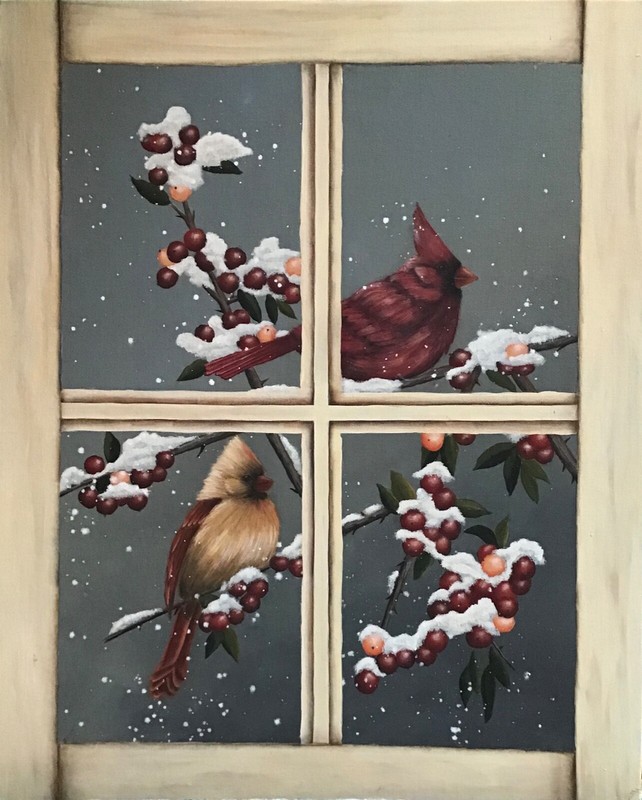 PAINTING BIRDS CARDINALS WITH SNOW. 20” x 16”