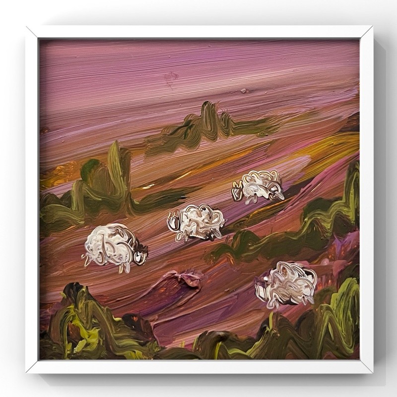 Tranquil Provence Sheep Amid Lavender Swirls & Sunset Highlights – Tiny Oil Art