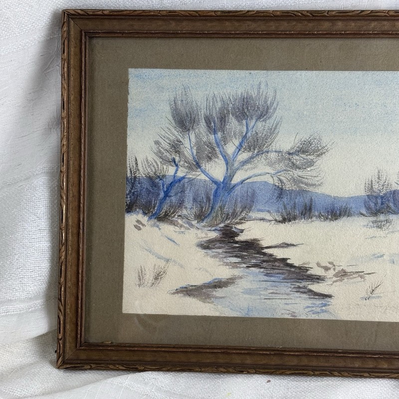 Antique Original Winter Landscape Watercolor Signed Carolyn Timpte @1912 gallery