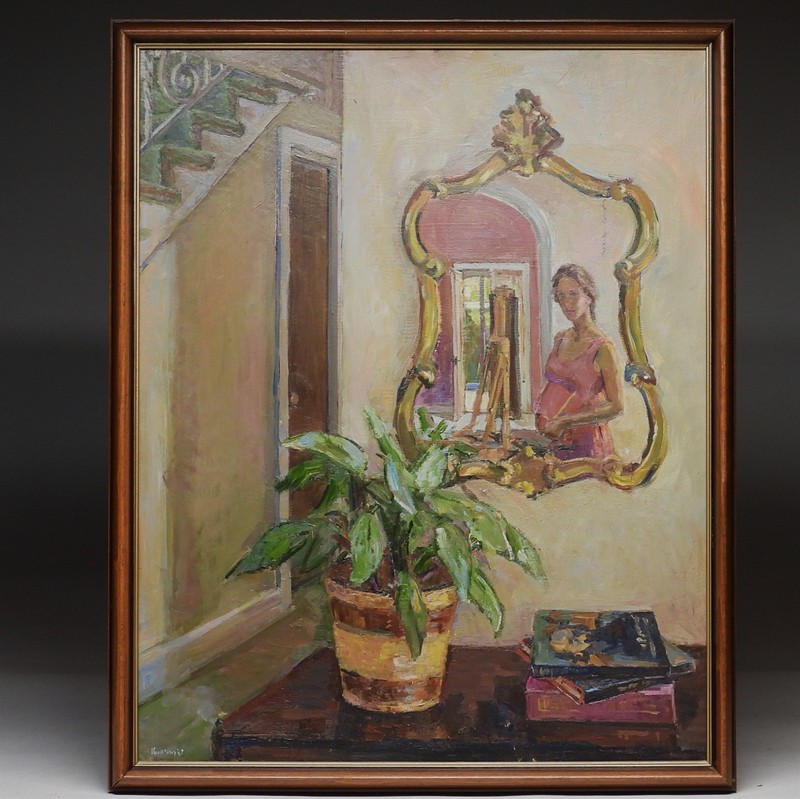 BEAUTY! Signed Kuklinski Female Artist in Mirror Still Life O/B Painting