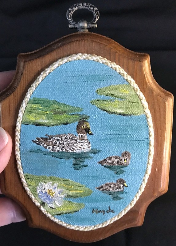 Miniature Wooden Signed Mama And Babies Duck Painting 4 1/2 X 5 1/2" gallery