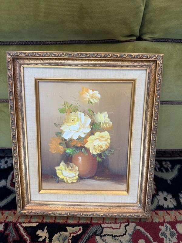 Vintage Yellow Roses Floral Oil Painting in Ornate Gold Frame