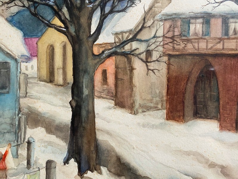 Watercolor Sign. E.ENDER 1989 View of Winter Small Town Woman Doing Laundry gallery