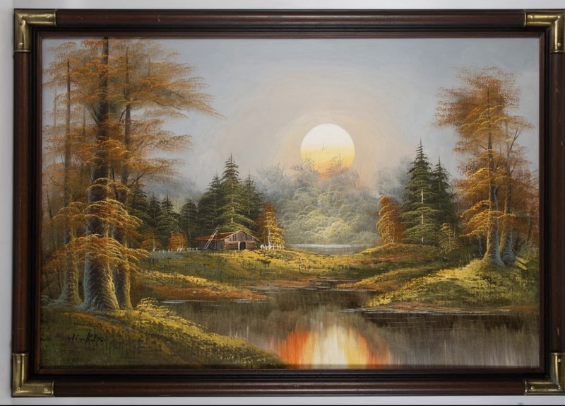 Original Signed Hinkle Oil Painting On Canvas Woodland Creek Landscape 36”x 27”
