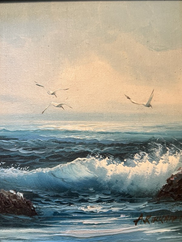 Oil Painting Seagulls in flight Waves Coastal Beach Seascape ~ A. Kirkham 8”x10”