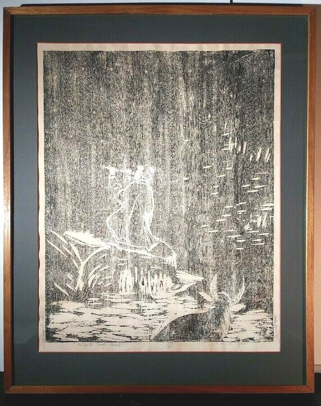 CHINESE ARTIST W.S. YAN Sd LE LITHOGRAPH FIGURE in NATURE «THE CAREFREE CHILD»
