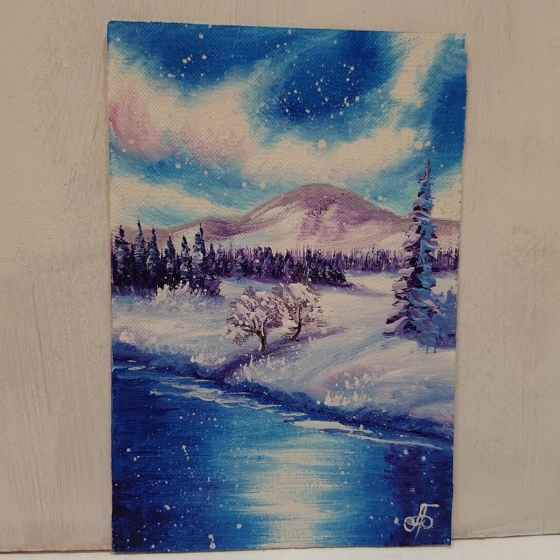 Winter Snowfall Landscape Lake Mountains Blue Violet Wall Art Original Painting gallery