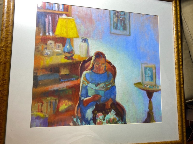 Large C.W. Snyder «Seated Woman Reading By Lamplight» Pastel Painting – Framed
