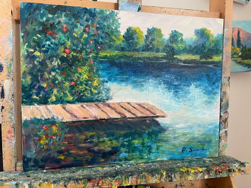 ORIGINAL OIL PAINTING LANDSCAPE LAKE DOCK IMPRESSIONIST WALL ART 12x16 gallery