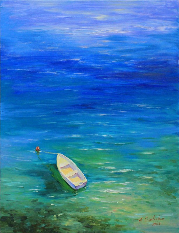 Sea boat from above Original painting OOAK artwork Oil on canvas by A Onipchenko